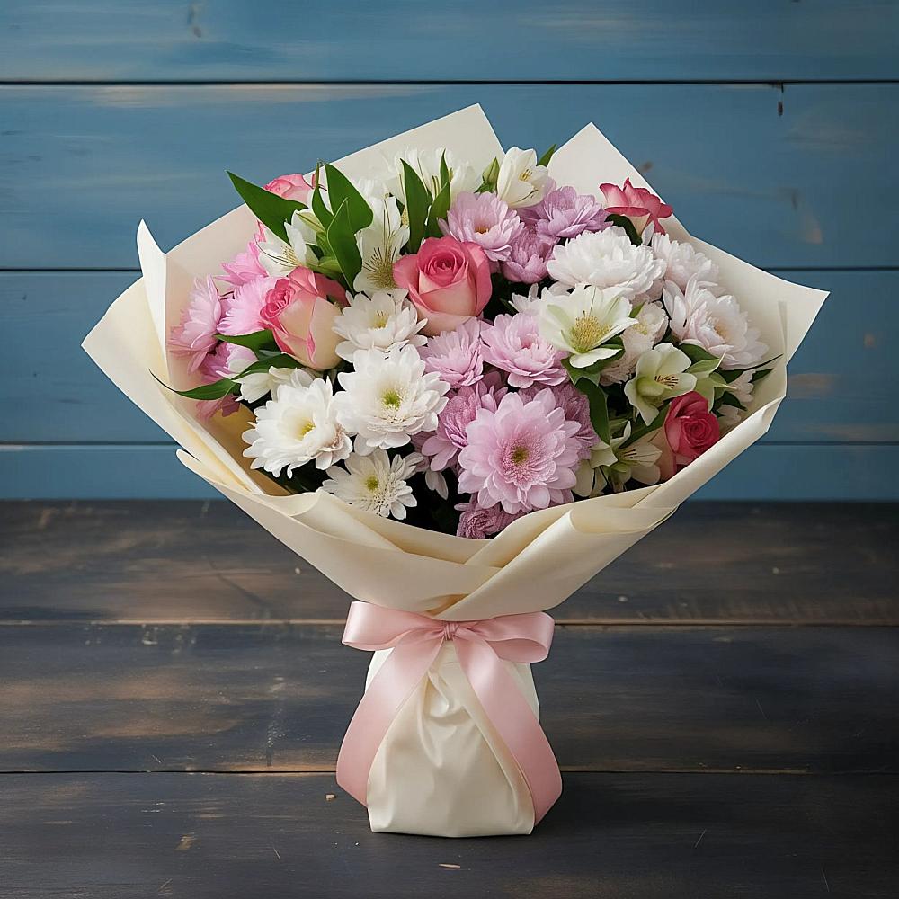 Букет цветов из: Хризантемы, Альстромерии и Розы в Девице